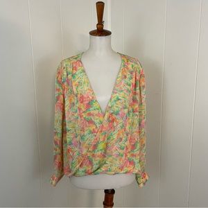 Dora Landa 100% Silk Long Sleeve Surplice V-Neck Blouse